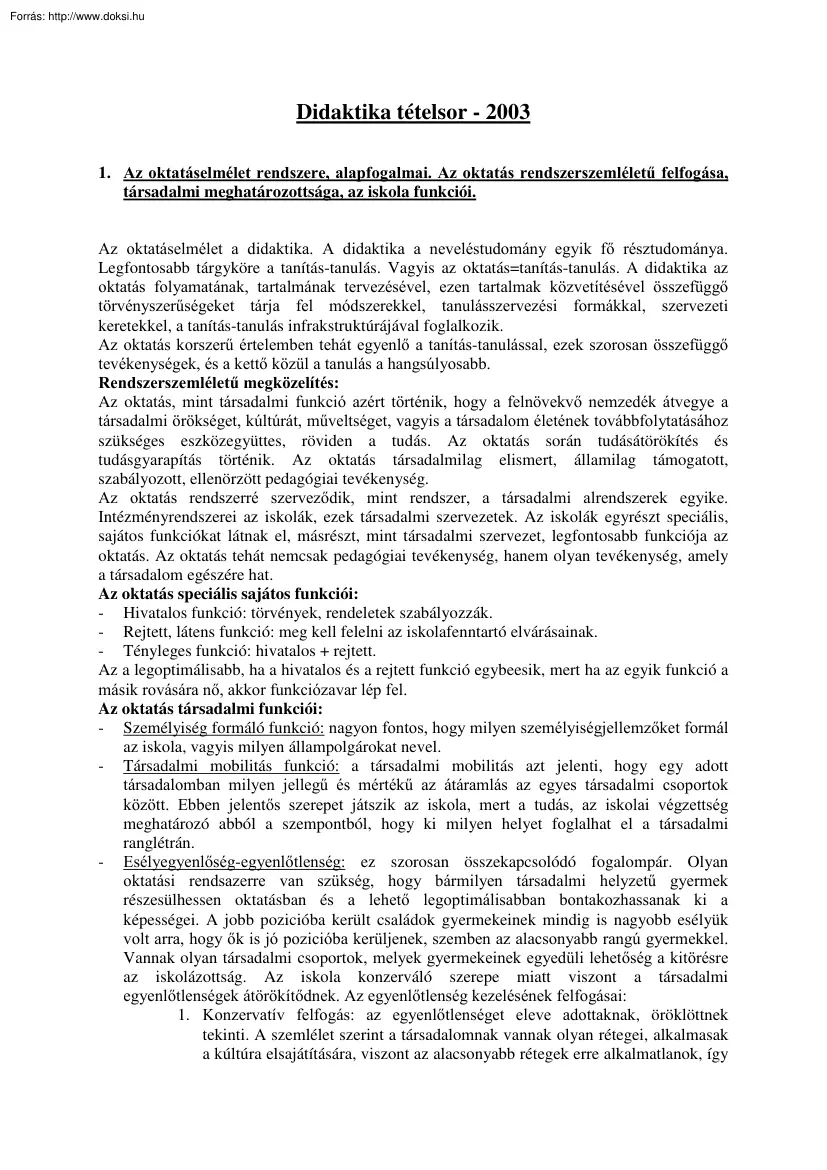 Didaktika tételek, 2003