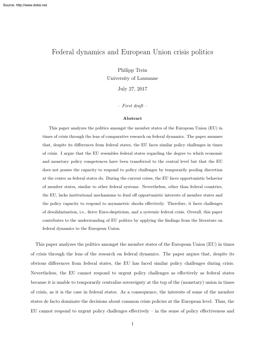 Philipp Trein - Federal Dynamics and European Union Crisis Politics