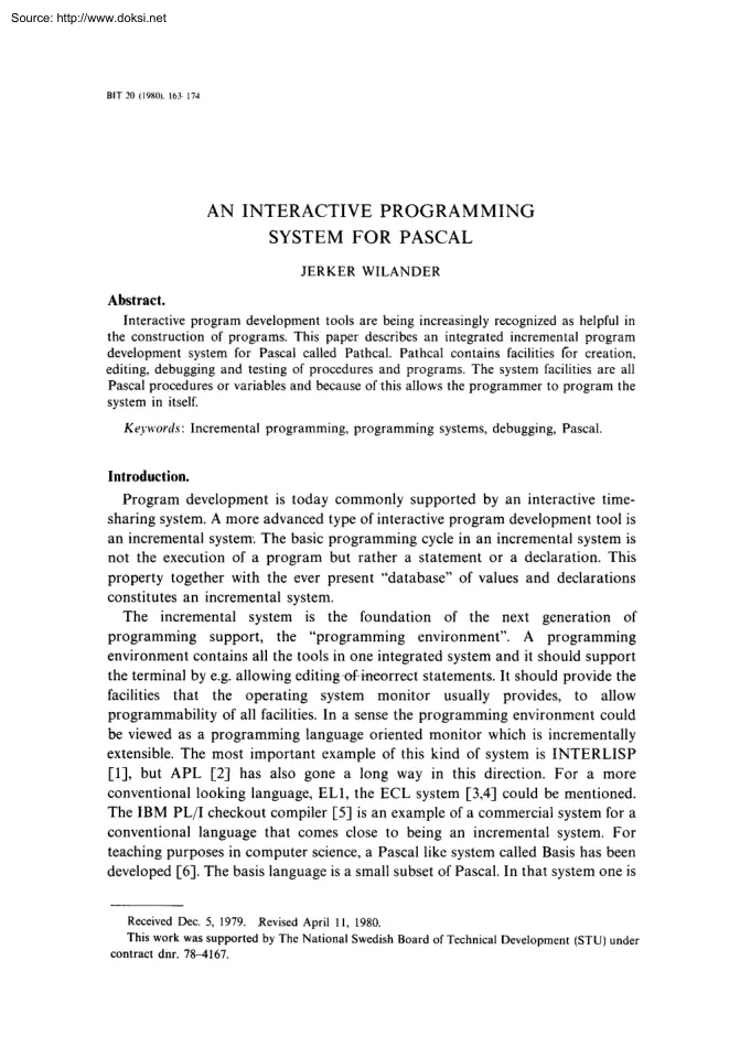 Jerker Wilander - An Interactive Programming System For Pascal