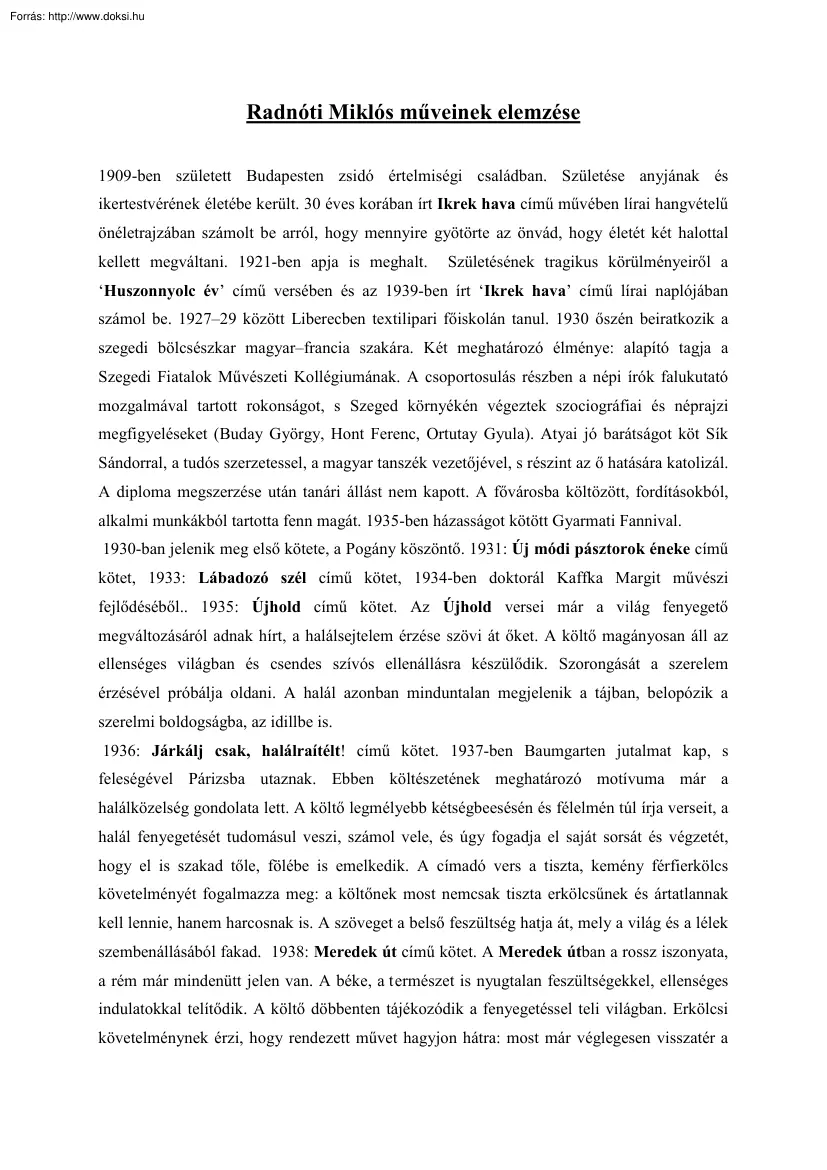 Radnóti Miklós műveinek elemzése