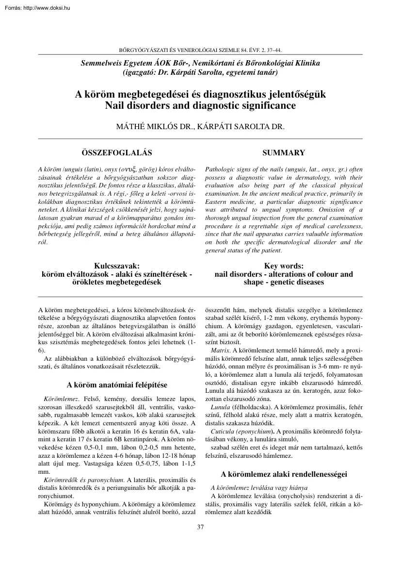 Máthé-Dr. Kárpáti - A köröm megbetegedései és diagnosztikus jelentôségük