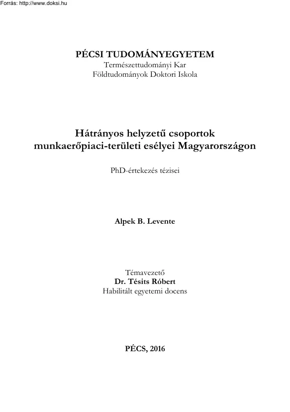 Alpek B. Levente - Hátrányos helyzetű csoportok munkaerőpiaci-területi esélyei