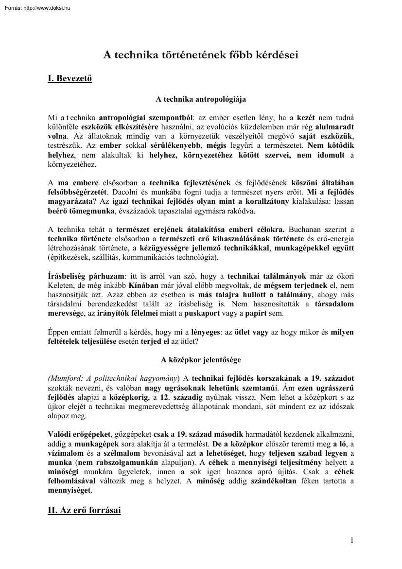 A technika történetének főbb kérdései