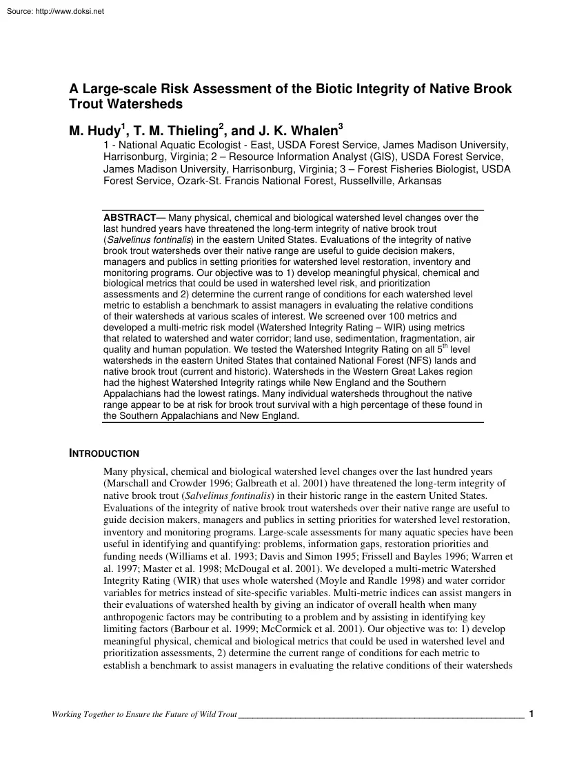 A Large Scale Risk Assessment of the Biotic Integrity of Native Brook Trout Watersheds