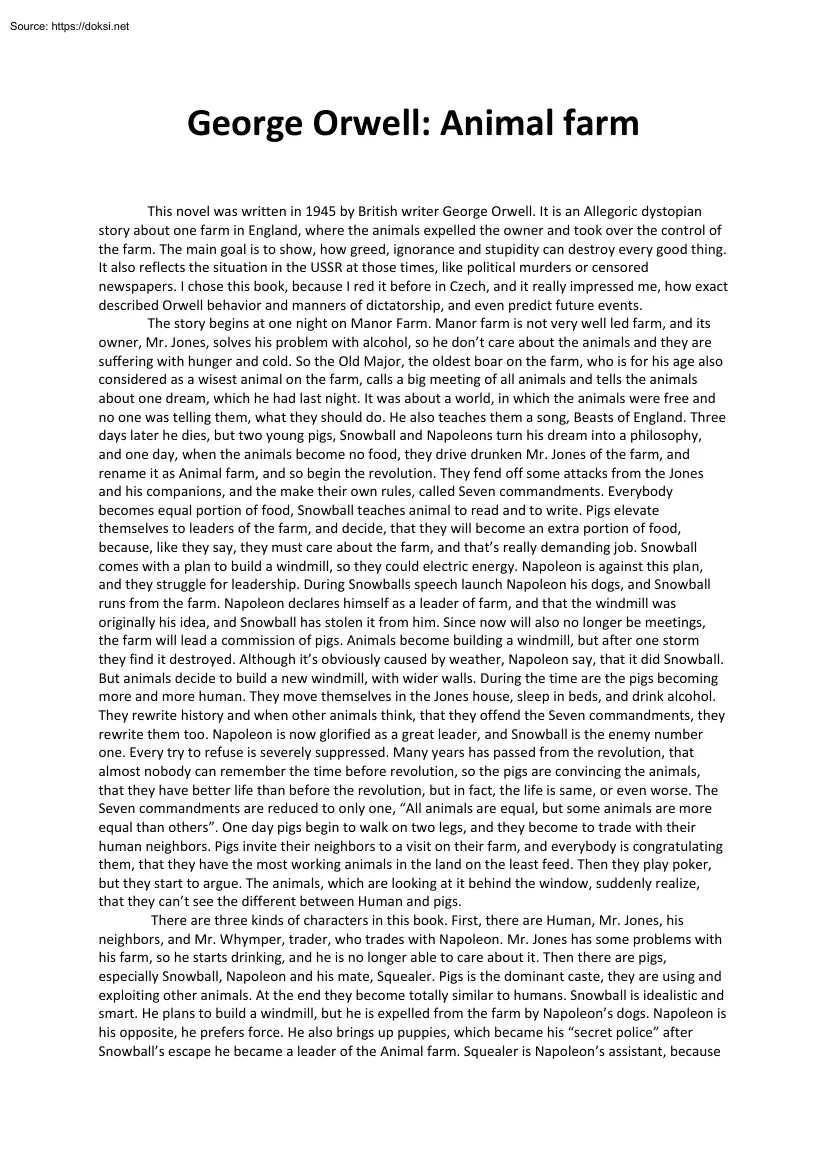 George Orwell, Animal Farm, Short Summary