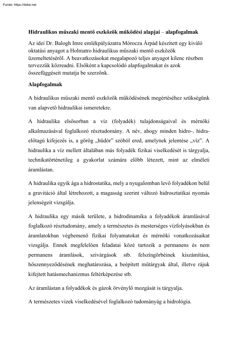 Hidraulikus műszaki mentő eszközök működési alapjai, alapfogalmak