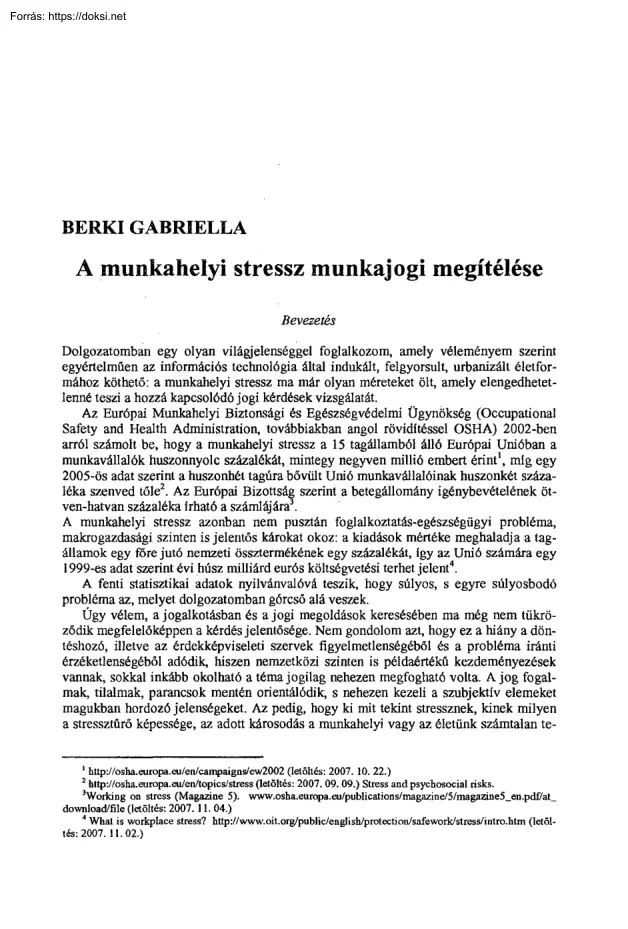 Berki Gabriella - A munkahelyi stressz munkajogi megítélése