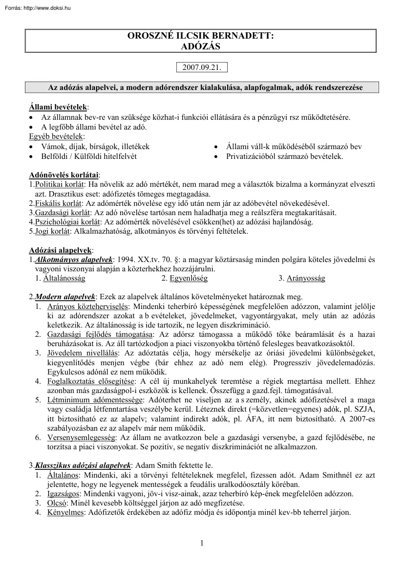 Oroszné Ilcsik Bernadett - Adózási ismeretek, példákkal, 2007