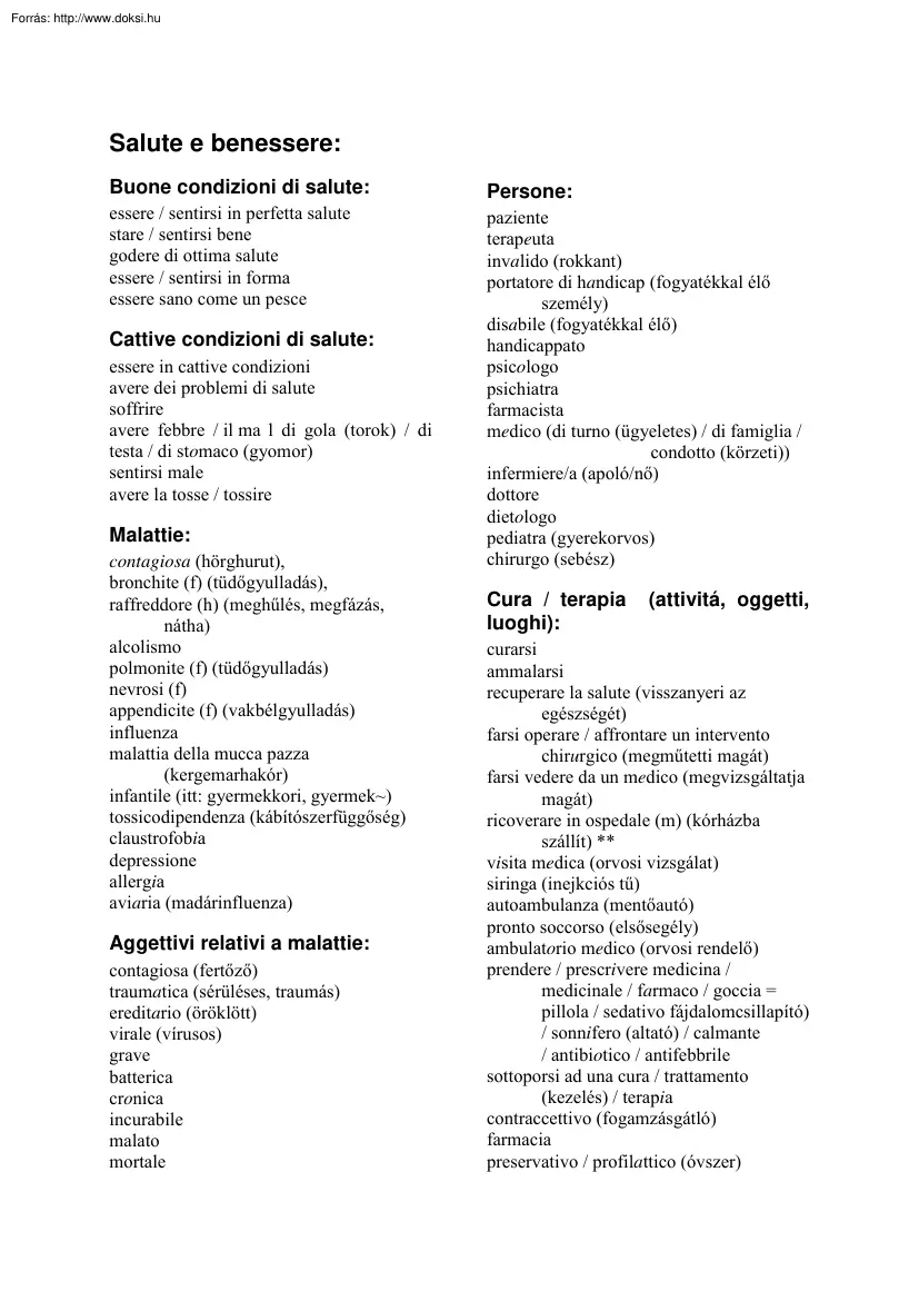 Salute e benessere szószedet