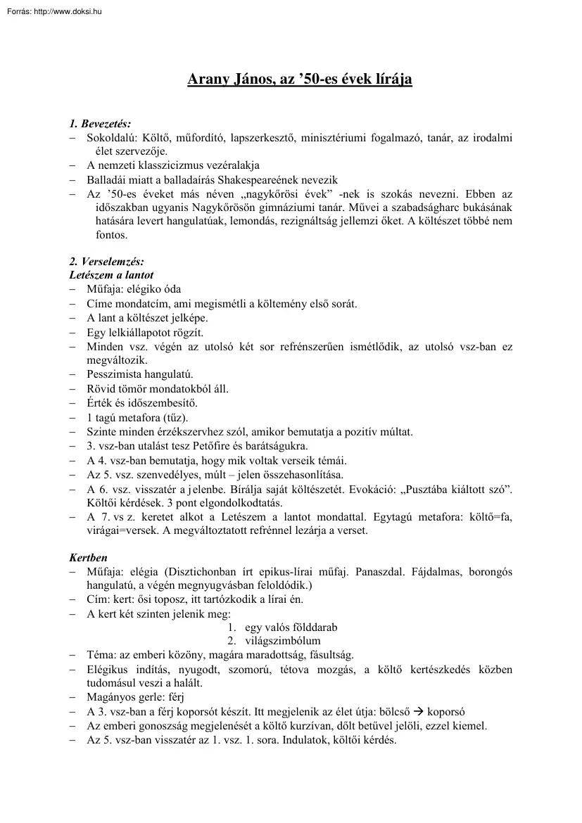 Arany János, az 50-es évek lírája