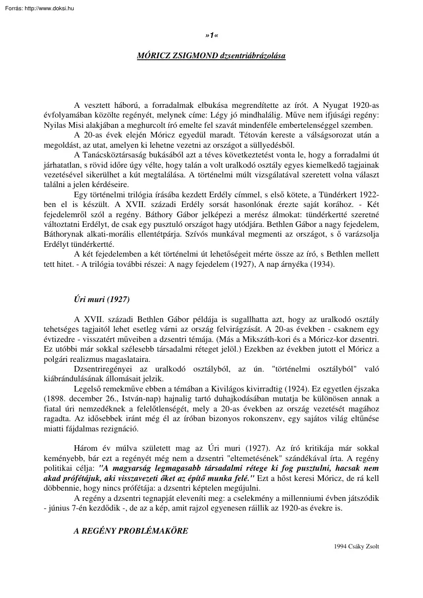 Csáky Zsolt - Móricz Zsigmond dzsentriábrázolása