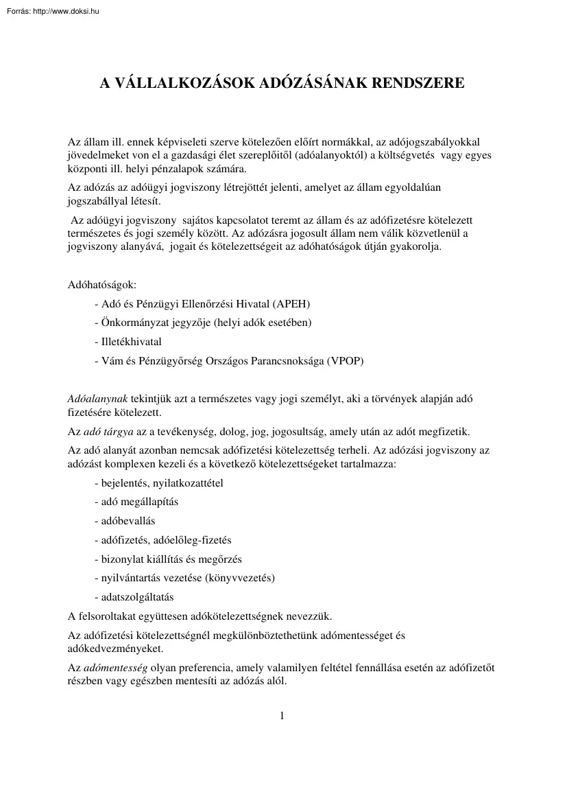 A vállalkozások adózásának rendszere