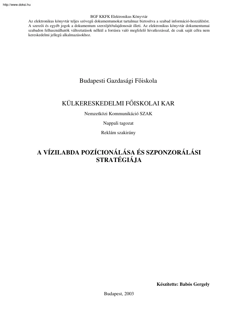 Babós Gergely - A vízilabda pozicionálása és szponzorálási stratégiája