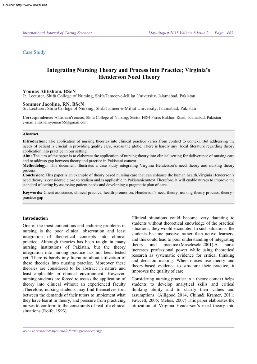 Ahtisham-Jacoline - Integrating Nursing Theory and Process into Practice, Virginias Henderson Need