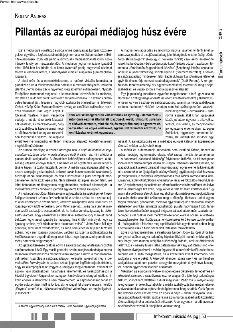 Koltay András - Pillantás az európai médiajog húsz évére