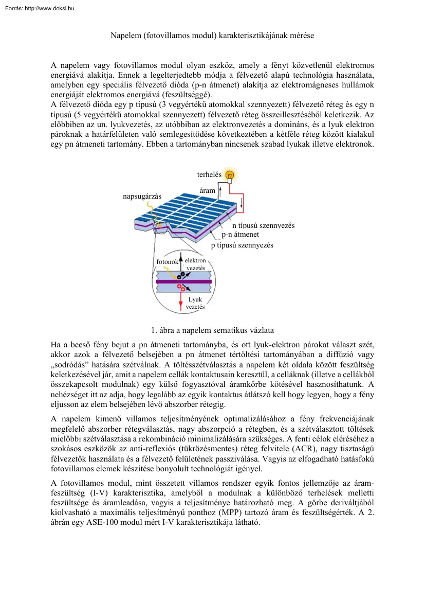 dr. Seres István - Napelem, fotovillamos modul karakterisztikájának mérése