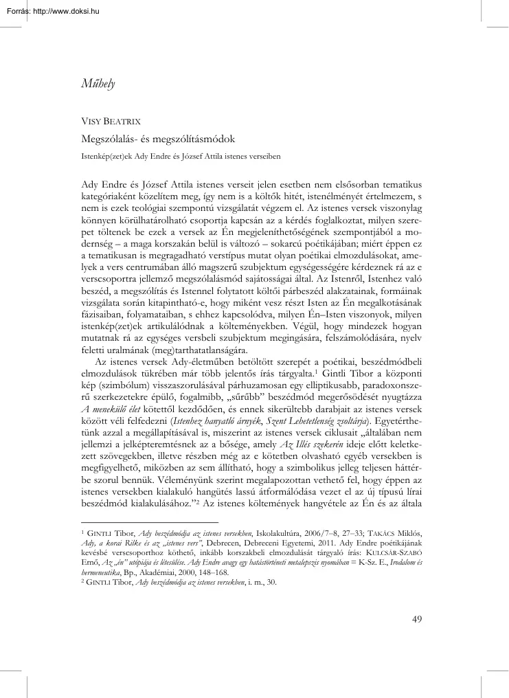 Visy Beatrix - Megszólalás- és megszólításmódok, Istenképzetek Ady Endre és József Attila