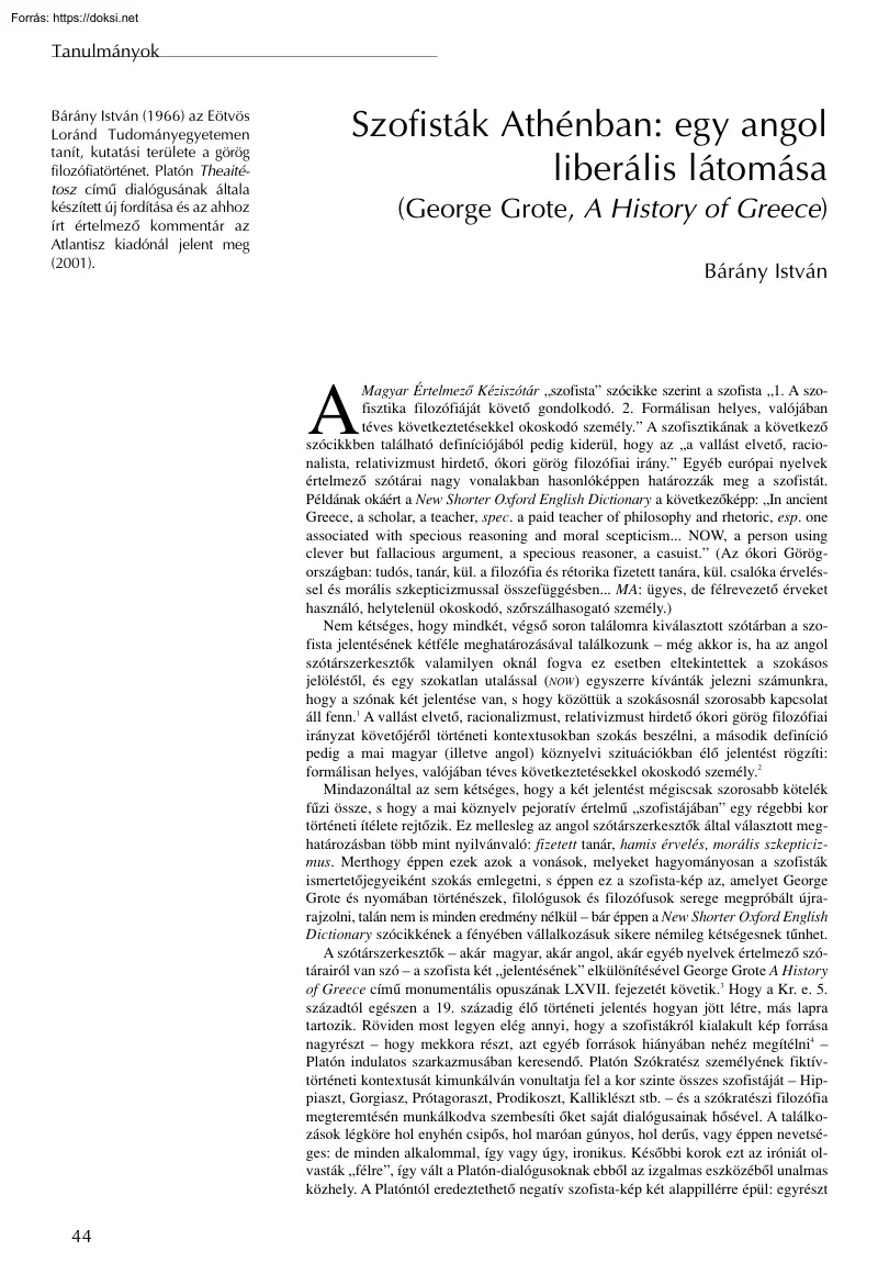 Bárány István - Szofisták Athénban, egy angol liberális látomása