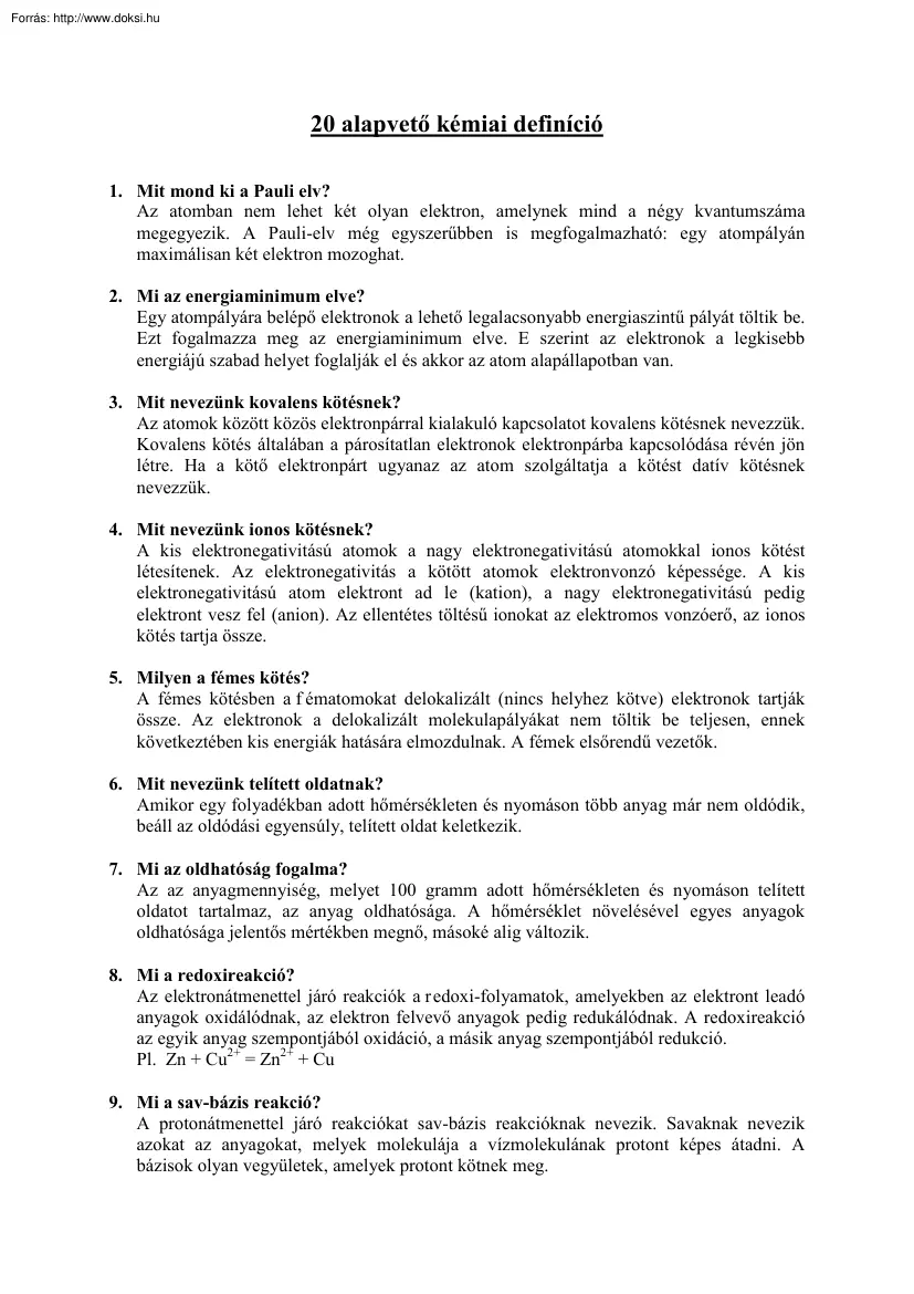 20 alapvető kémiai definíció