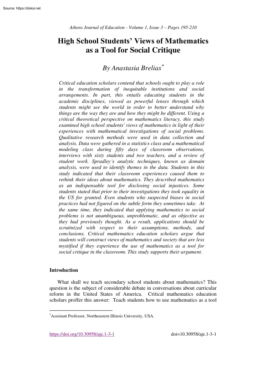 Anastasia Brelias - High School Students Views of Mathematics as a Tool for Social Critique