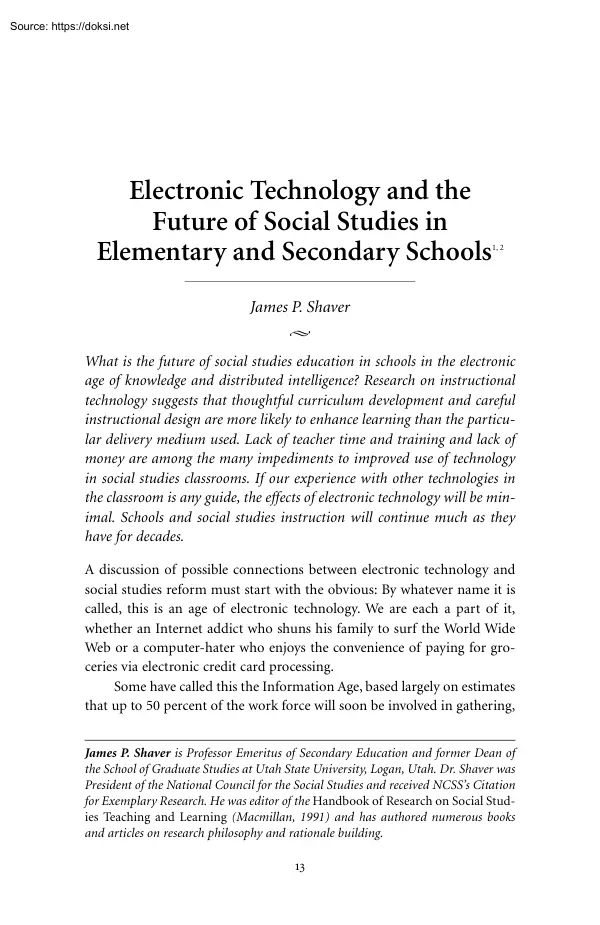 James P. Shaver - Electronic Technology and the Future of Social Studies in Elementary and