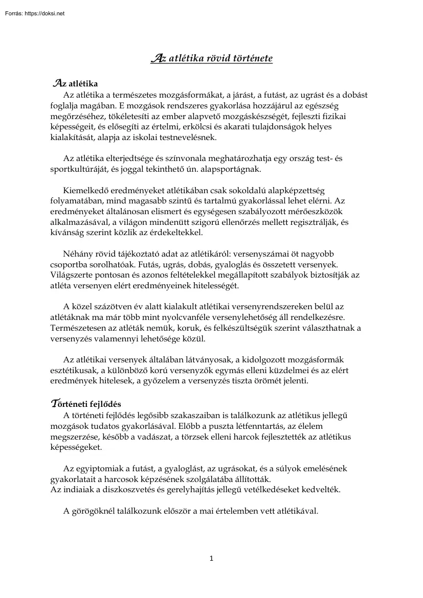 Az atlétika rövid története