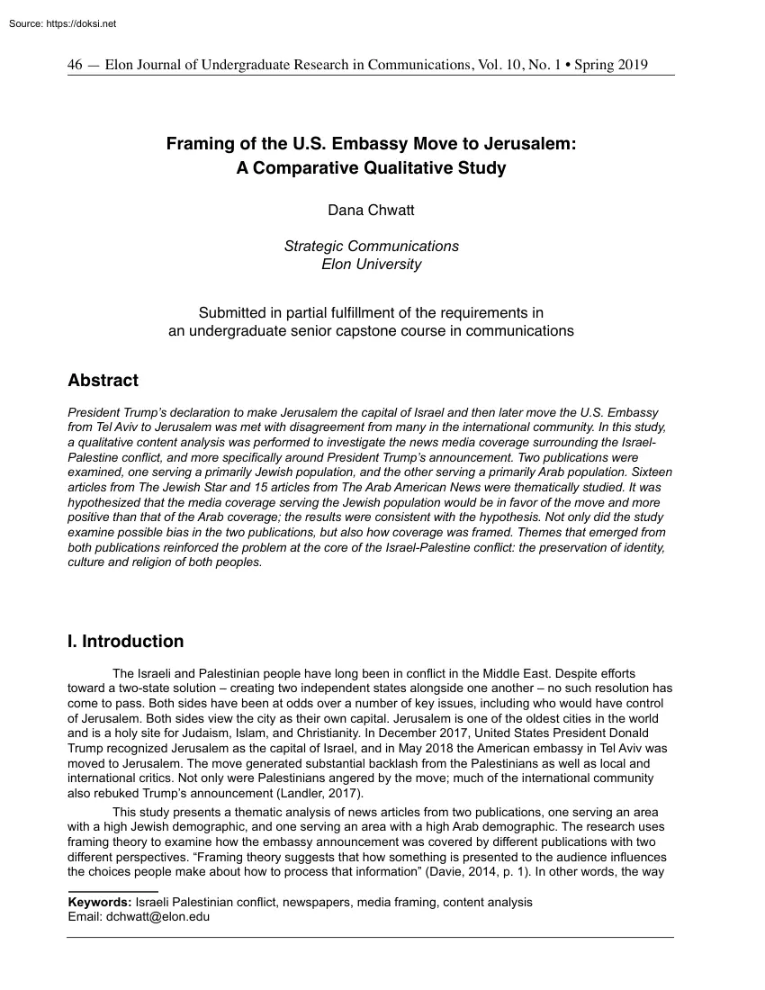 Dana Chwatt - Framing of the U.S. Embassy Move to Jerusalem, A Comparative Qualitative Study