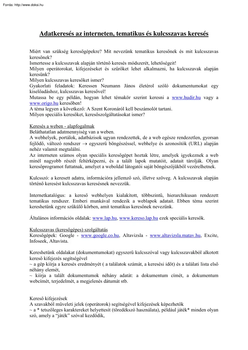 Adatkeresés az interneten, tematikus és kulcsszavas keresés