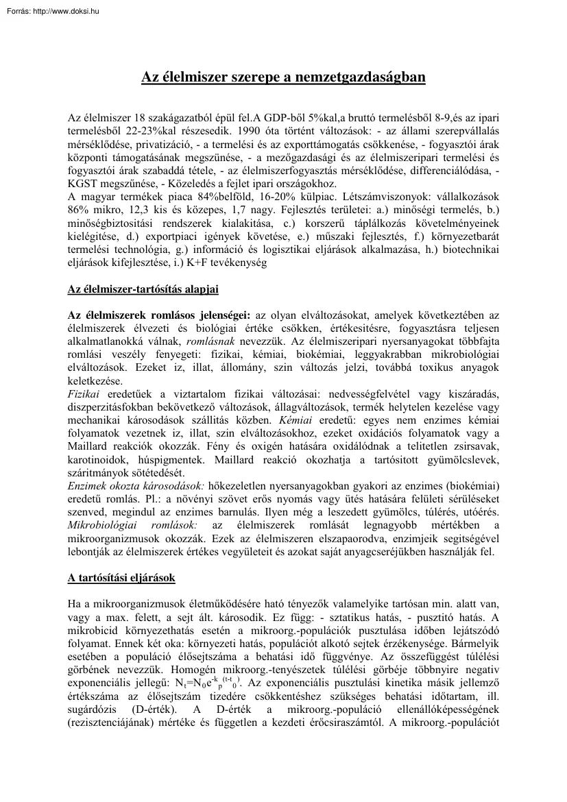 Az élelmiszer szerepe a nemzetgazdaságban