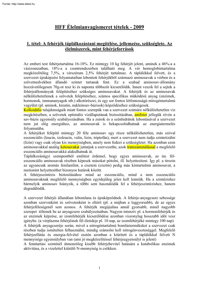 HFF Élelmianyagismeret tételek, 2009