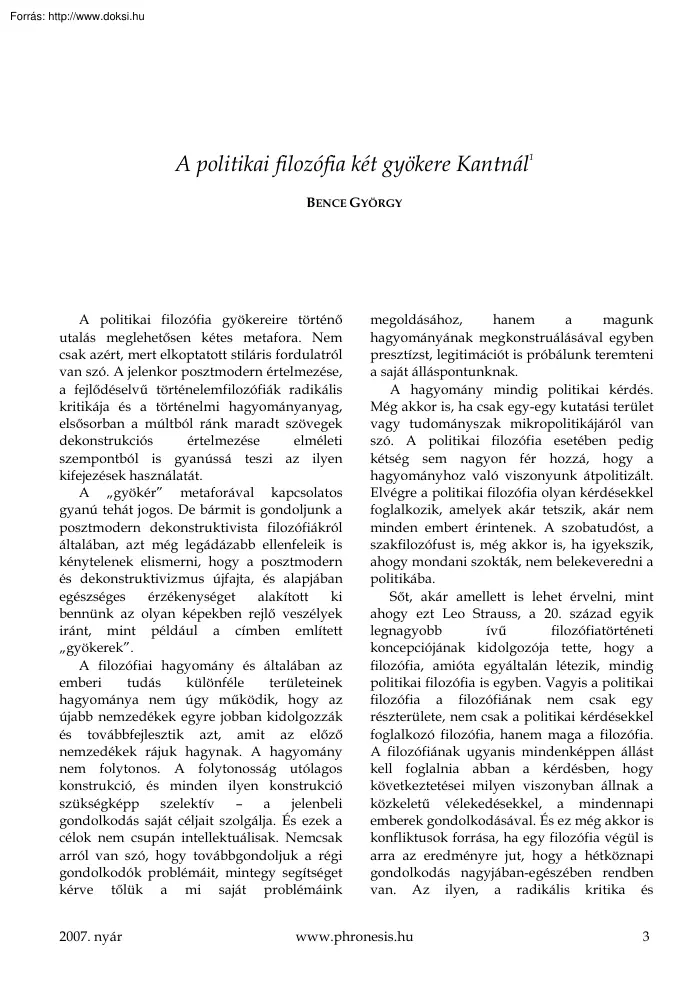 Bence György - A politikai filozófia két gyökere Kantnál