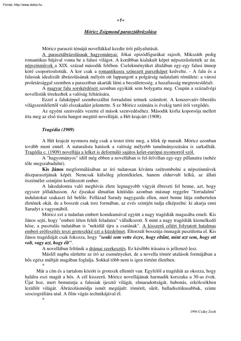 Csáky Zsolt - Móricz Zsigmond újszerű parasztábrázolása