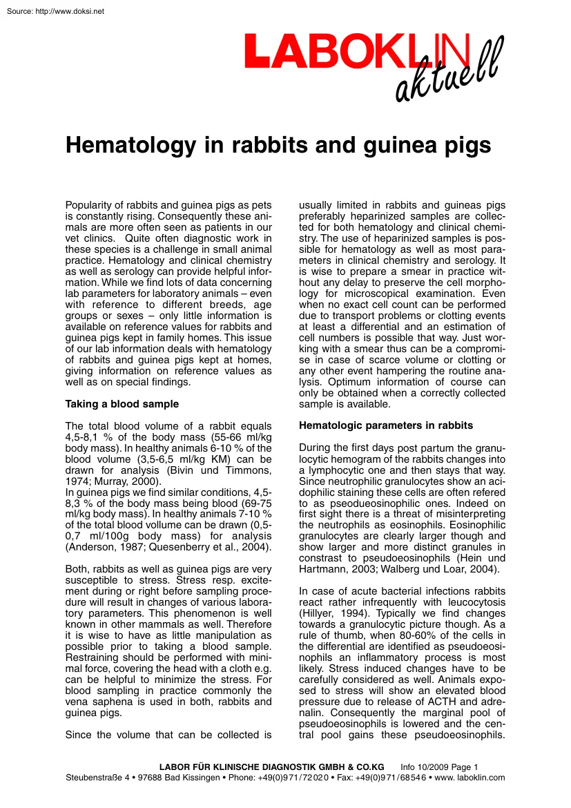 Hematology in Rabbits and Guinea Pigs