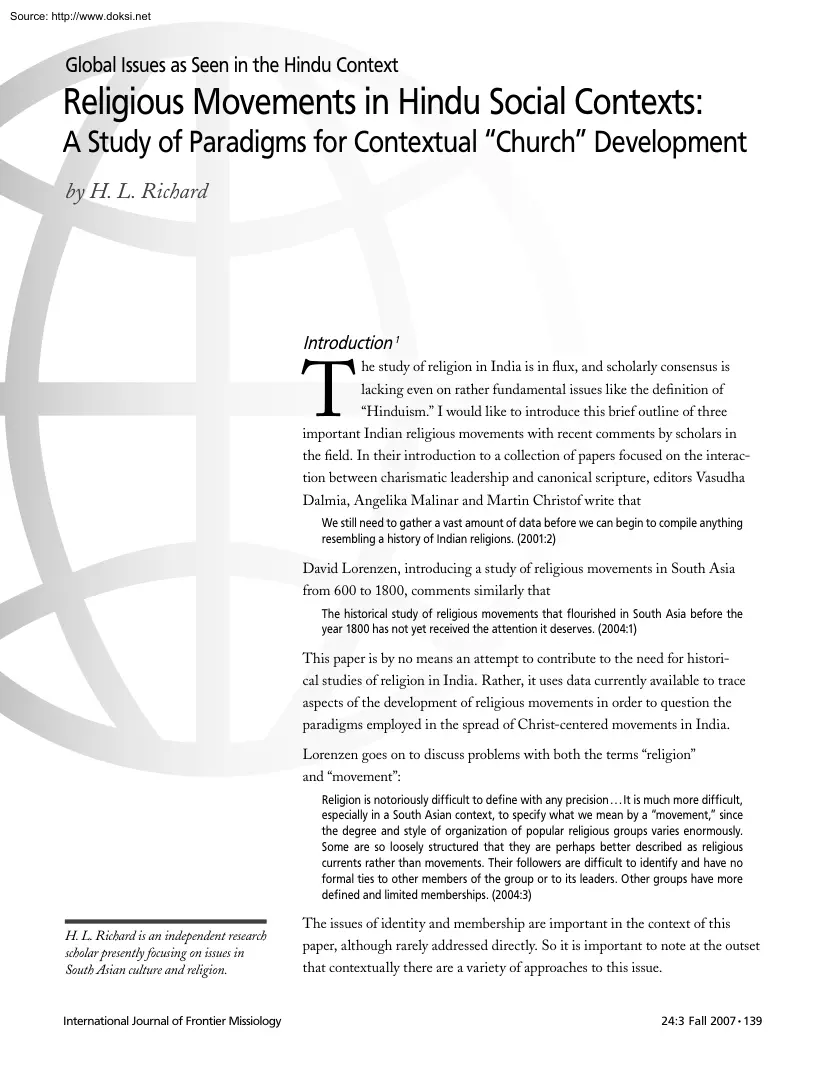 H. L. Richard - Religious Movements in Hindu Social Contexts, A Study of Paradigms for Contextual