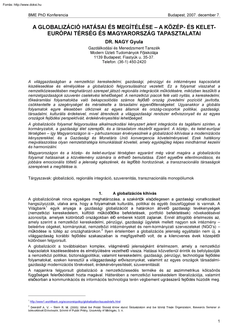Dr. Nagy Gyula - A globalizáció hatásai és megítélése, a Közép-és Kelet-európai térség