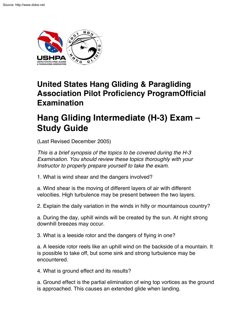 Hang Gliding Intermediate, H3 Exam, Study Guide