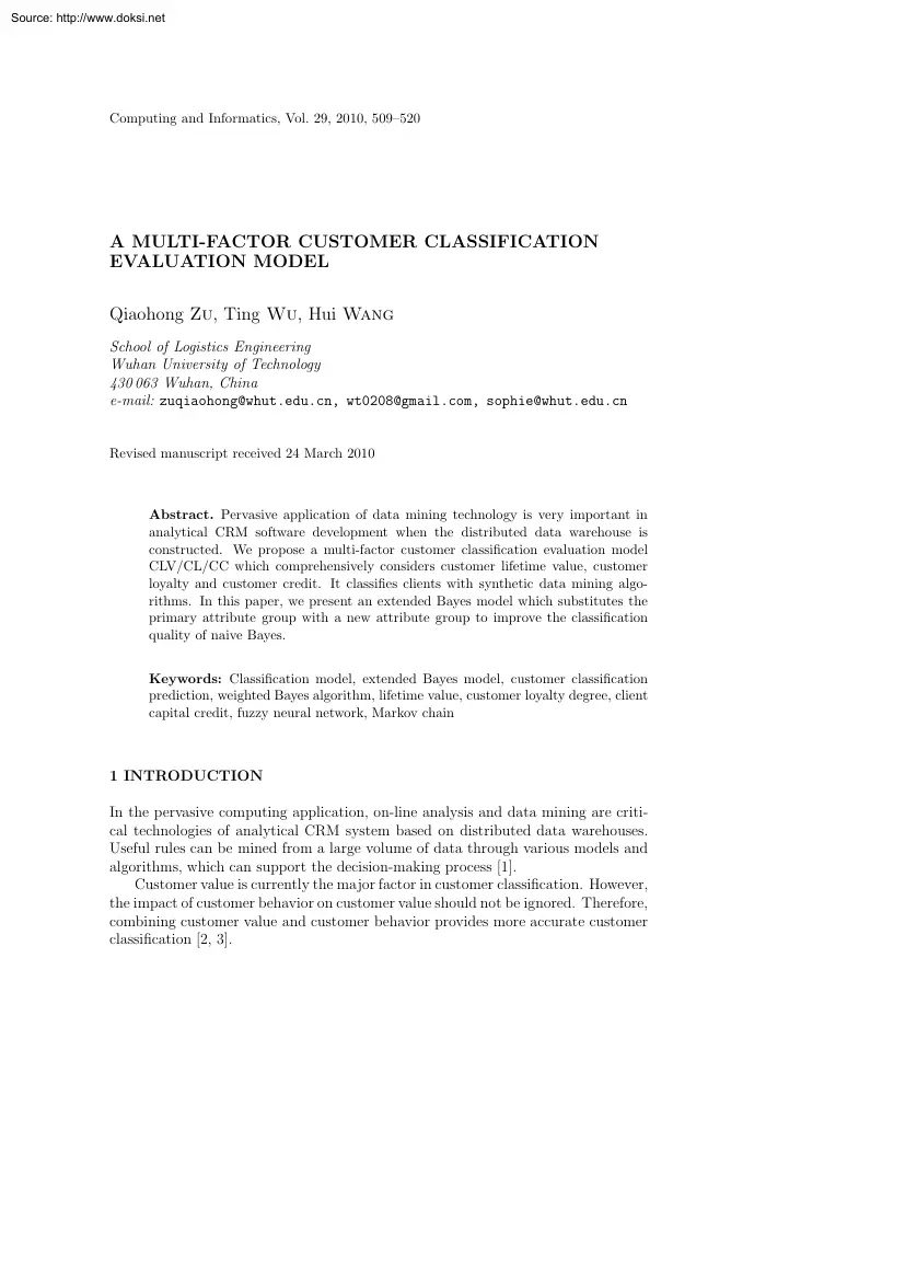 A multi-factor customer classification evaluation model