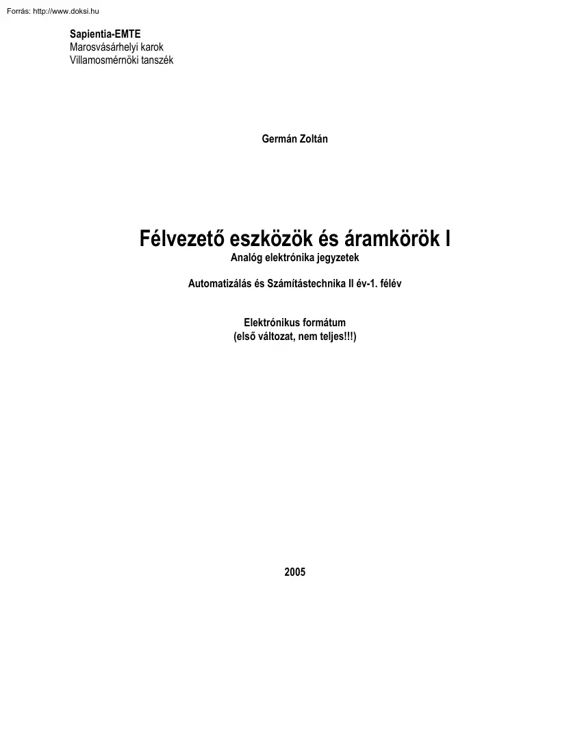 Germán Zoltán - Félvezető eszközök és áramkörök I., Analóg elektronika jegyzetek