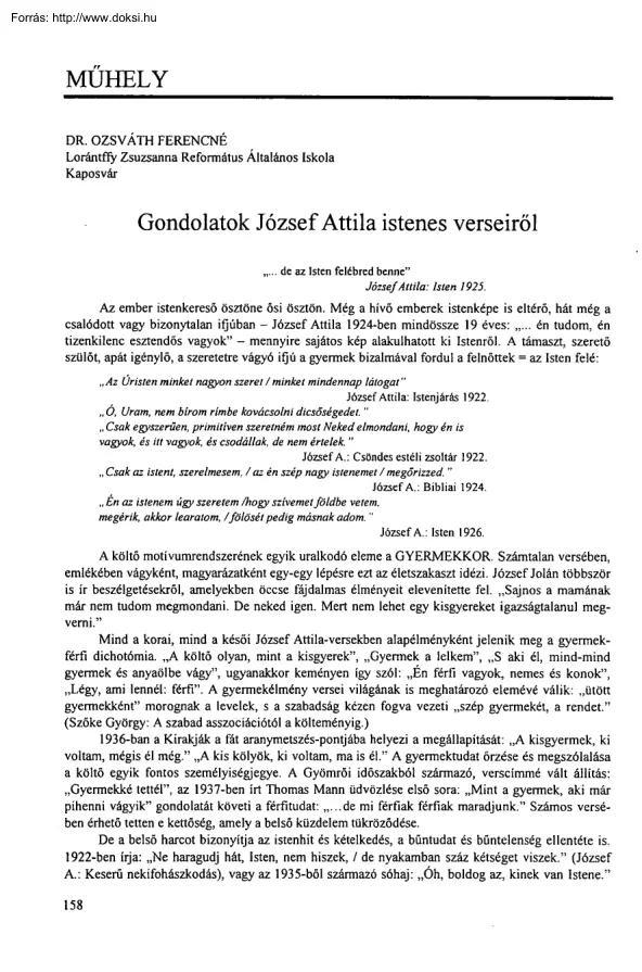 Dr. Ozsváth Ferencné - Gondolatok József Attila istenes verseiről