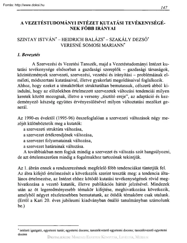 A vezetéstudományi intézet kutatási tevékenységének főbb irányai