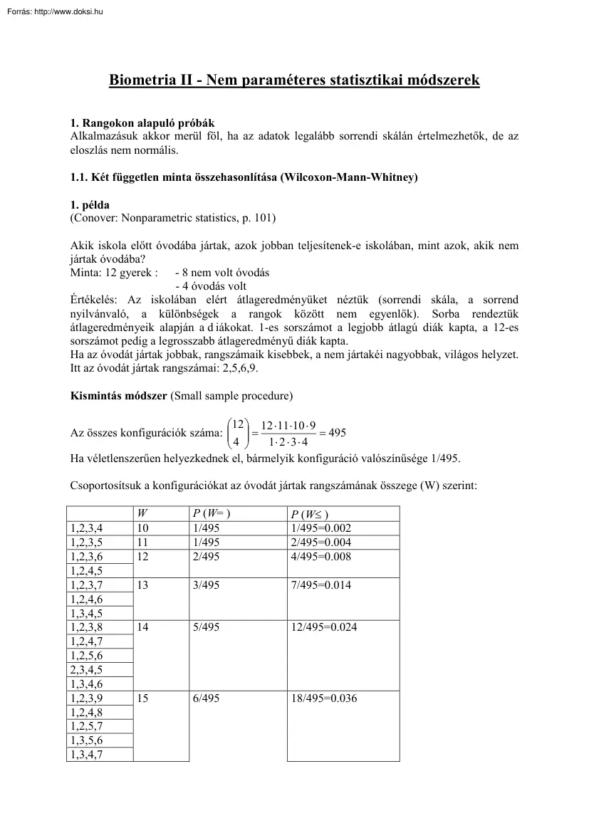 Biometria II - Nem paraméteres statisztikai módszerek