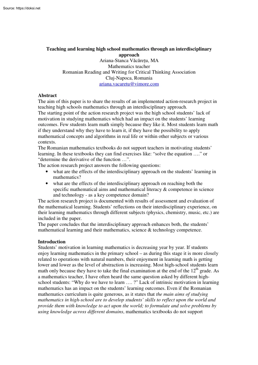 Ariana-Stanca Vacaretu - Teaching and learning high school mathematics through an interdisciplinary