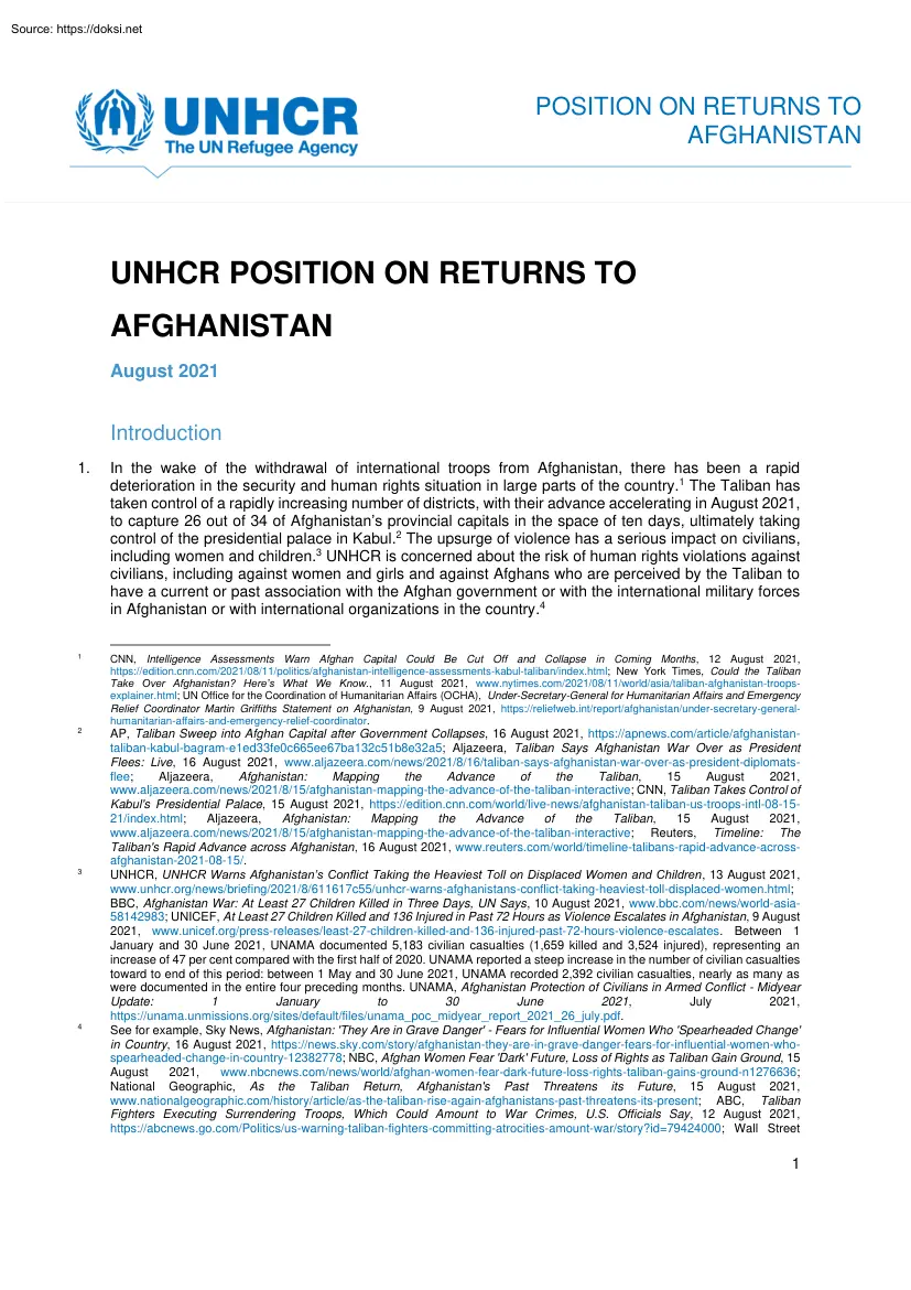 UNHCR Position on Returns to Afghanistan