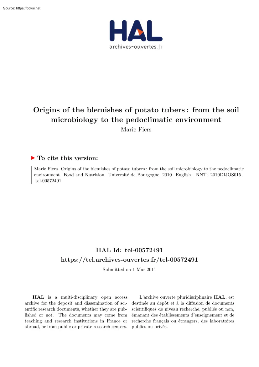 Marie Fiers - Origins of the Blemishes of Potato Tubers, from the Soil Microbiology to the