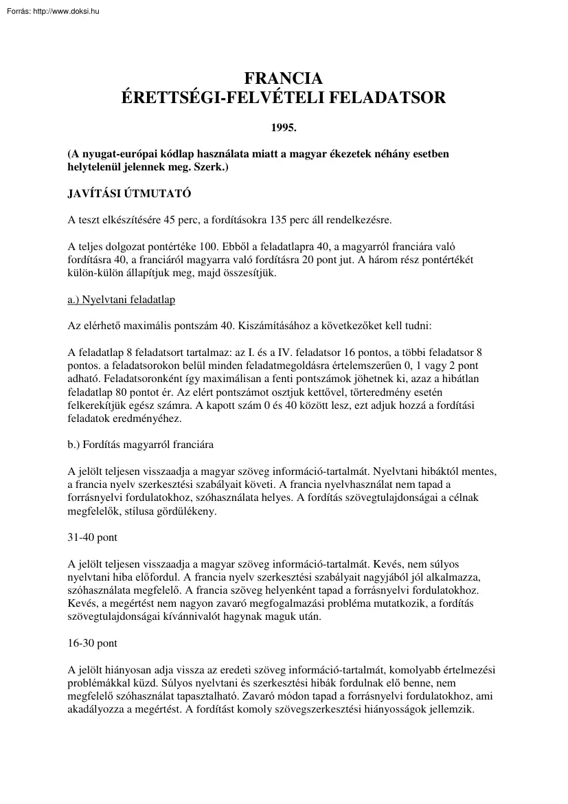 Francia érettségi-felvételi feladatsorok, 1995-2004