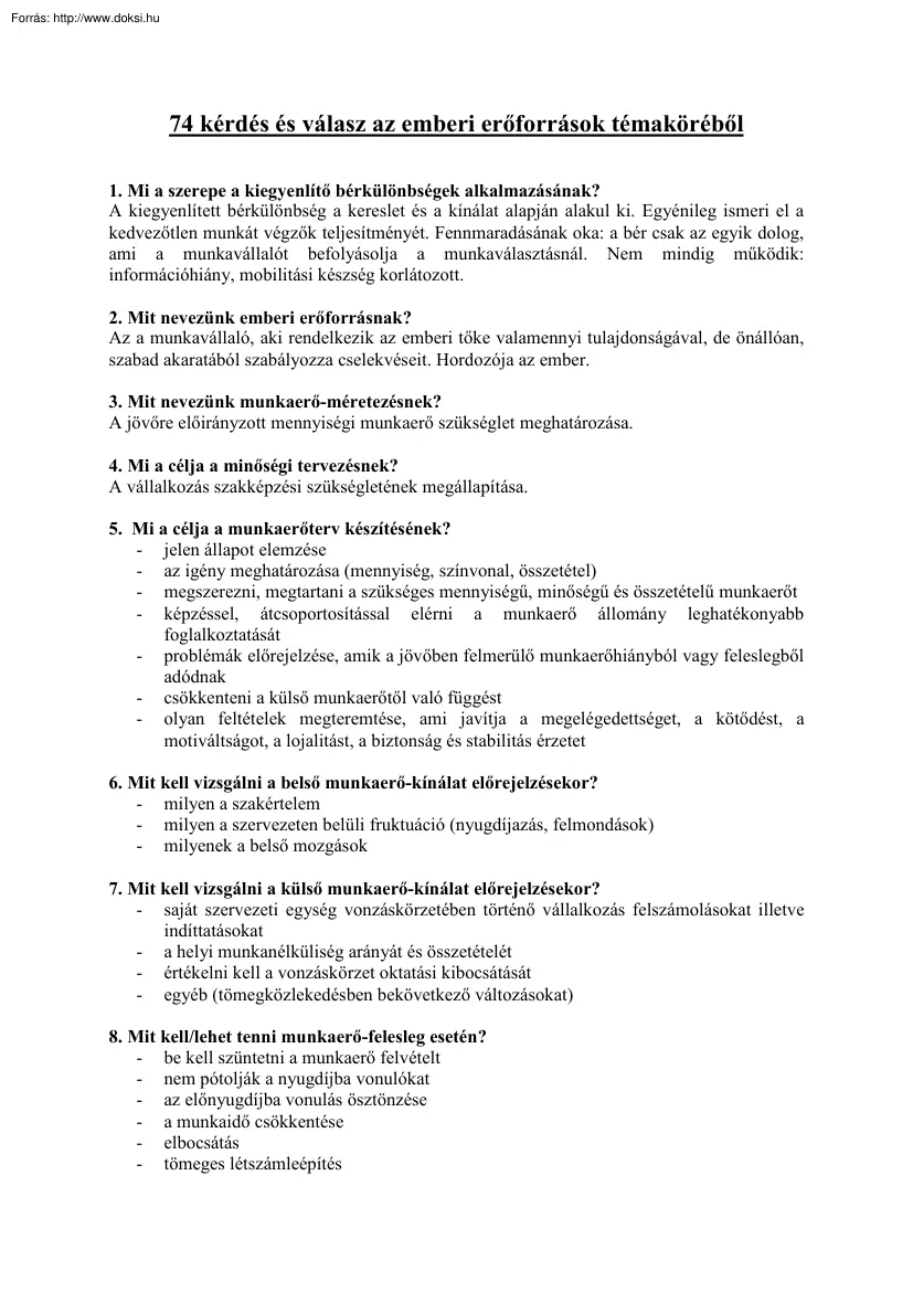 74 kérdés és válasz az emberi erőforrások témaköréből