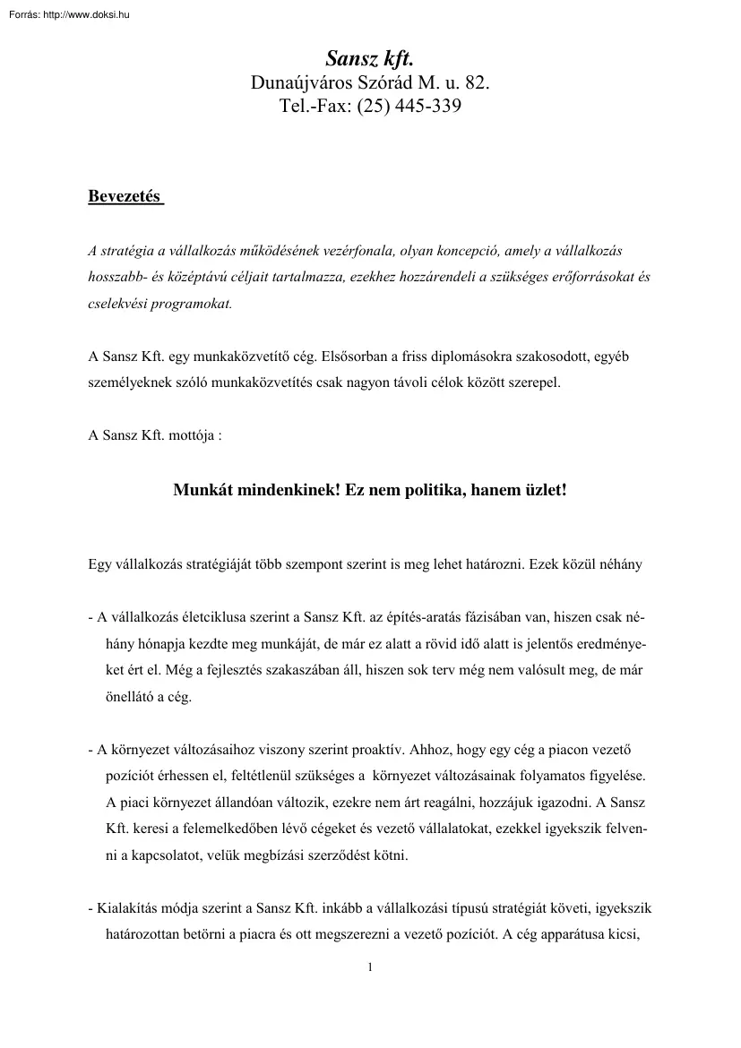 A Sansz Kft. üzletpolitikája