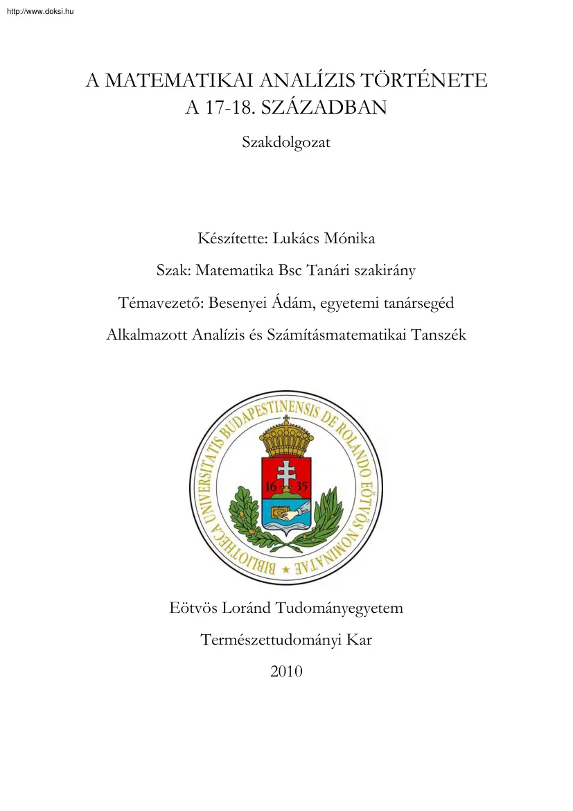Lukács Mónika - A matematikai analízis története a 17-18. században