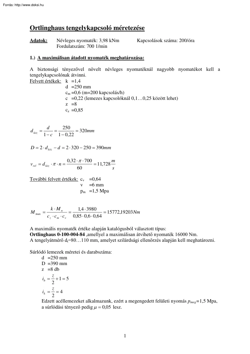 Ortlinghaus tengelykapcsoló méretezése