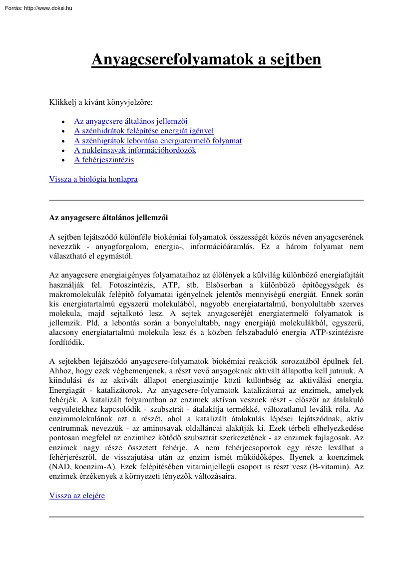 Anyagcserefolyamatok a sejtben